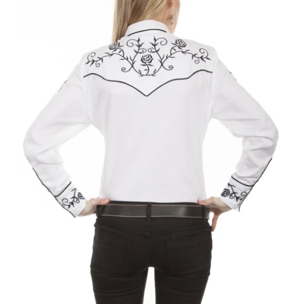 Scully SZ M Womens Western White and Black Embroidered with Roses Shirt - Picture 4 of 15